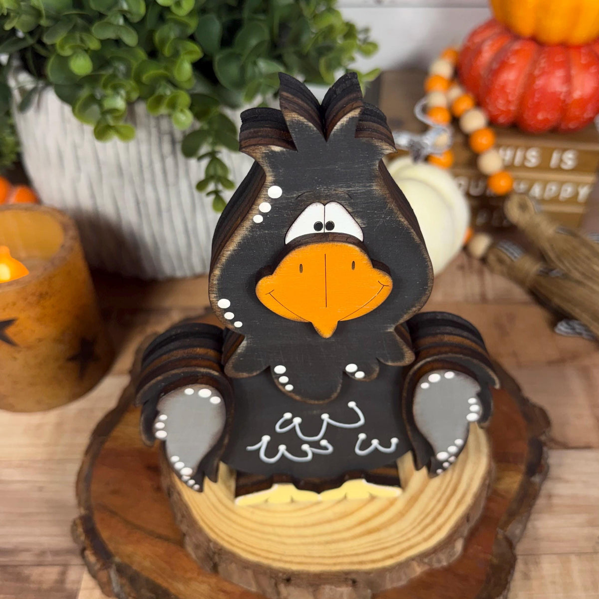 Hand Painted Raven Shelf Sitter, Whimsical Wooden Crow Bird Decor