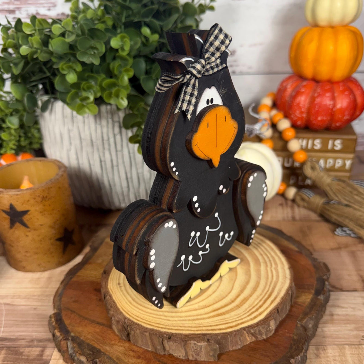 Hand Painted Raven Shelf Sitter, Whimsical Wooden Crow Bird Decor