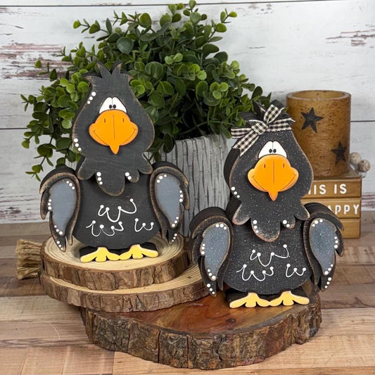 Hand Painted Raven Shelf Sitter, Whimsical Wooden Crow Bird Decor