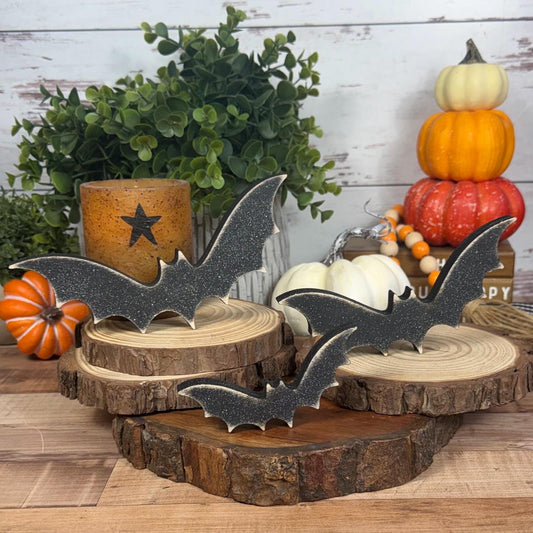 Tiered Tray Bats — Rustic Wood Halloween Shelf Décor, Farmhouse Halloween Accent