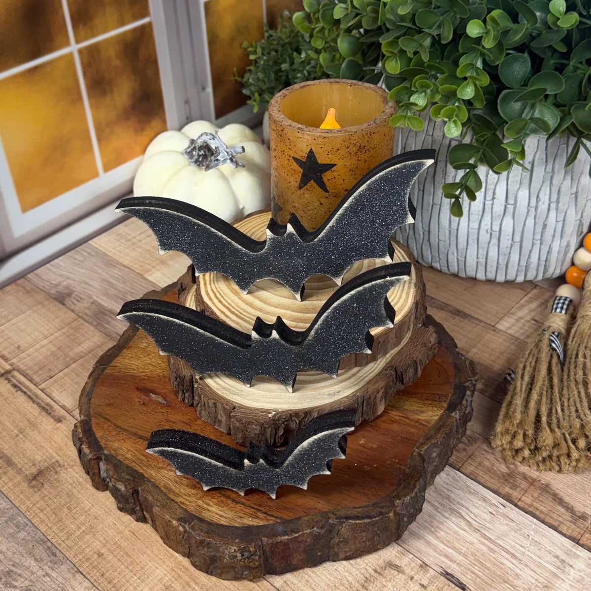 Tiered Tray Bats — Rustic Wood Halloween Shelf Décor, Farmhouse Halloween Accent