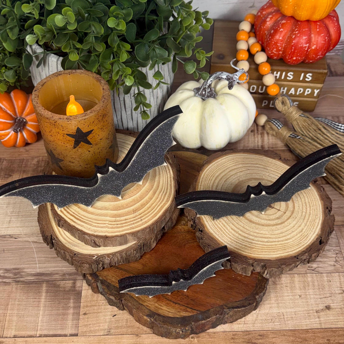 Tiered Tray Bats — Rustic Wood Halloween Shelf Décor, Farmhouse Halloween Accent
