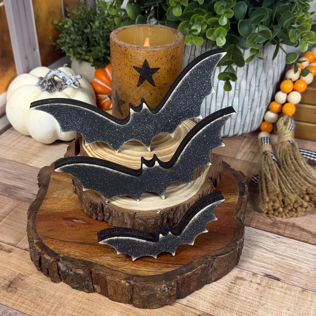 Tiered Tray Bats — Rustic Wood Halloween Shelf Décor, Farmhouse Halloween Accent