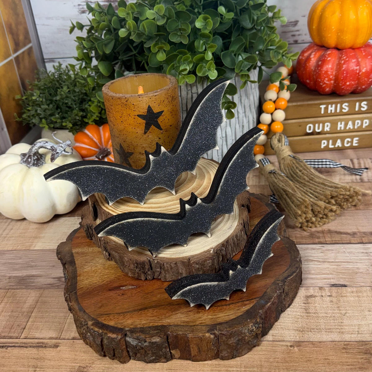 Tiered Tray Bats — Rustic Wood Halloween Shelf Décor, Farmhouse Halloween Accent