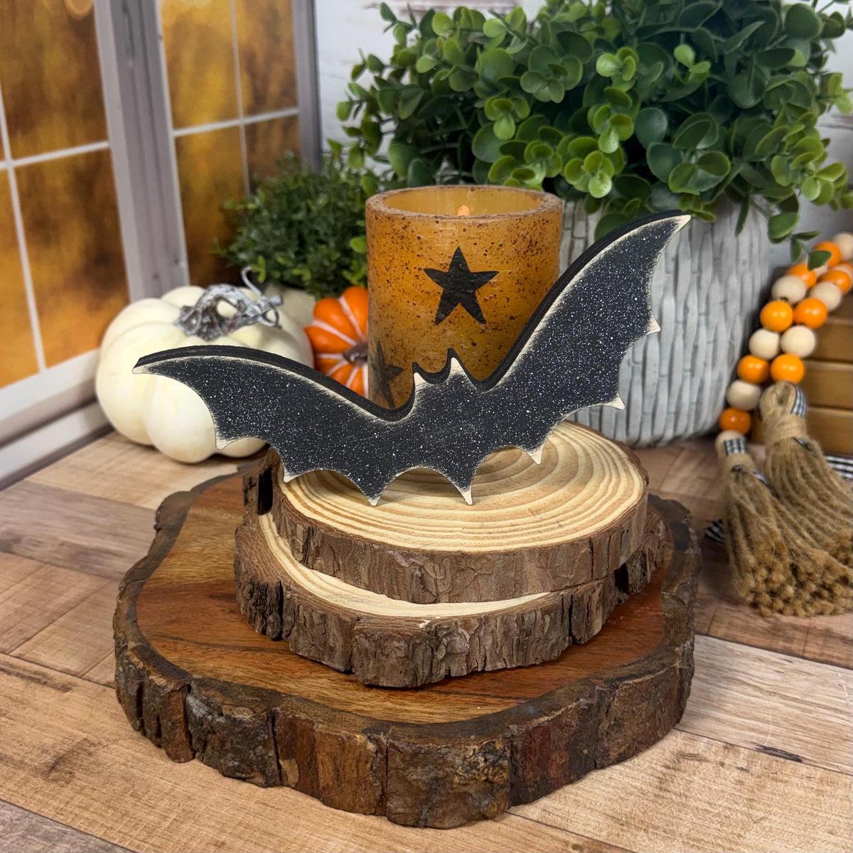 Tiered Tray Bats — Rustic Wood Halloween Shelf Décor, Farmhouse Halloween Accent