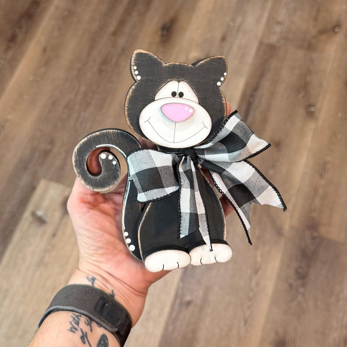 Black & White Wooden Cat – Hand-Painted Shelf Sitter or Decor