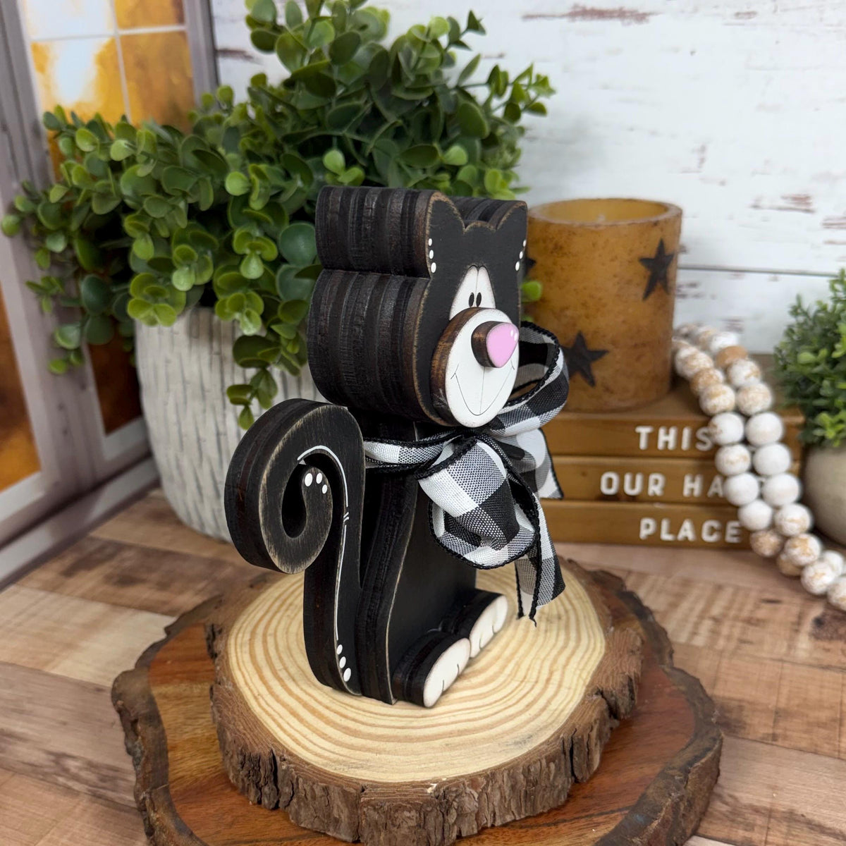 Black & White Wooden Cat – Hand-Painted Shelf Sitter or Decor