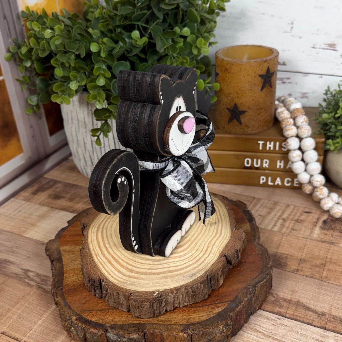 Black & White Wooden Cat – Hand-Painted Shelf Sitter or Decor