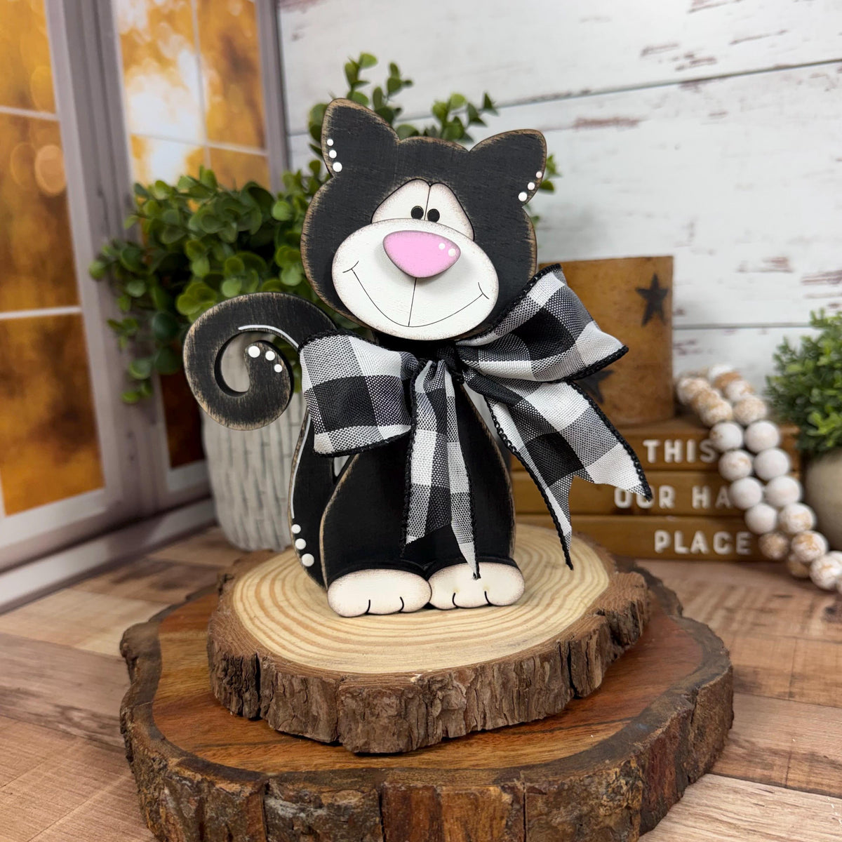 Black & White Wooden Cat – Hand-Painted Shelf Sitter or Decor