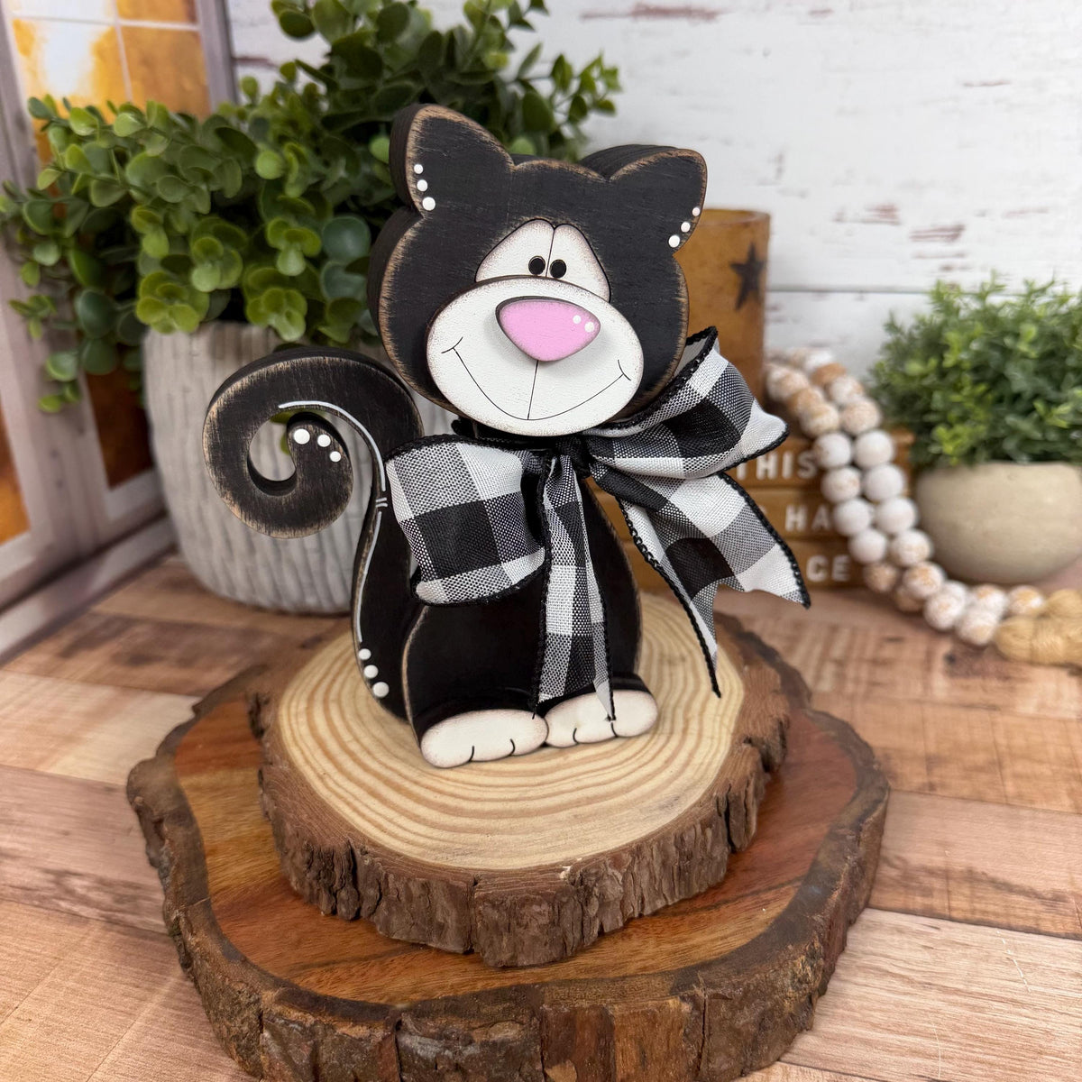Black & White Wooden Cat – Hand-Painted Shelf Sitter or Decor