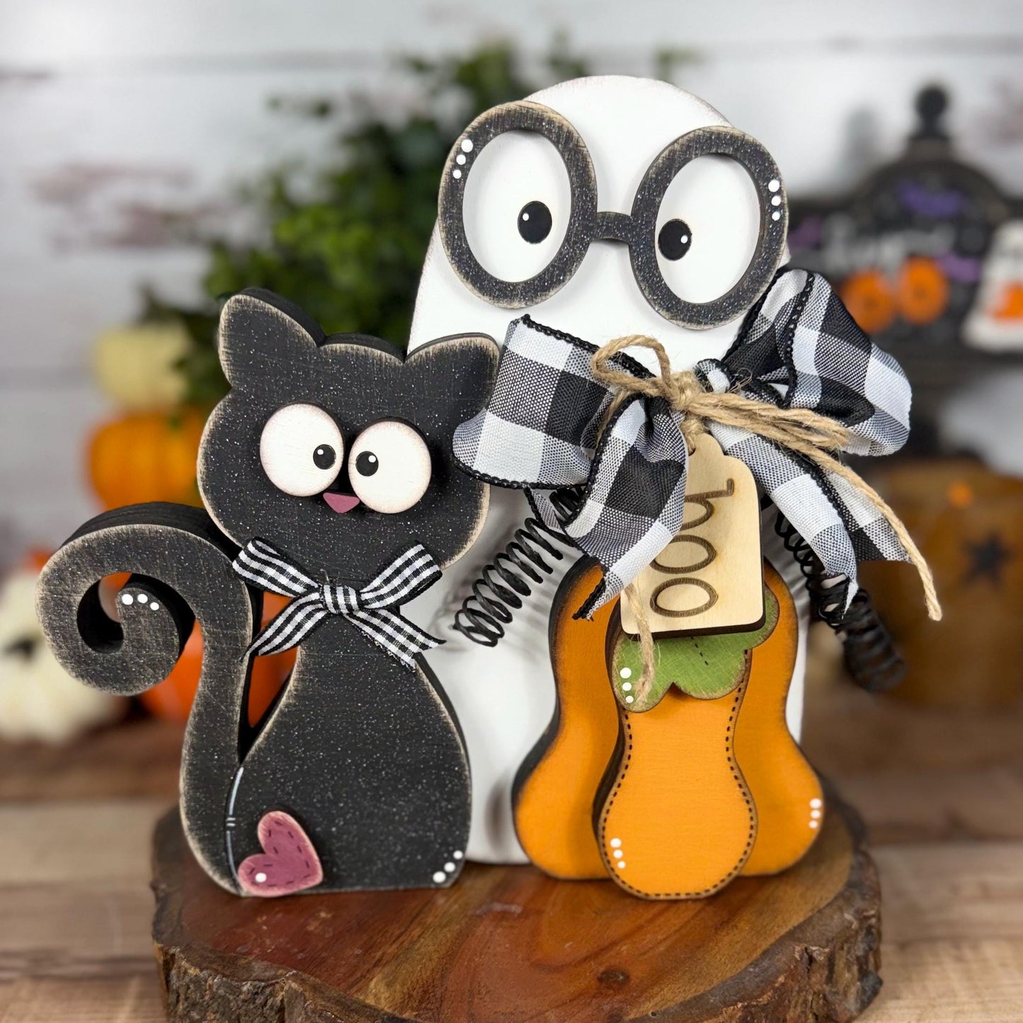 Stitched Boo Shelf Sitter – Black Cat, Ghost & Pumpkin Halloween Decor