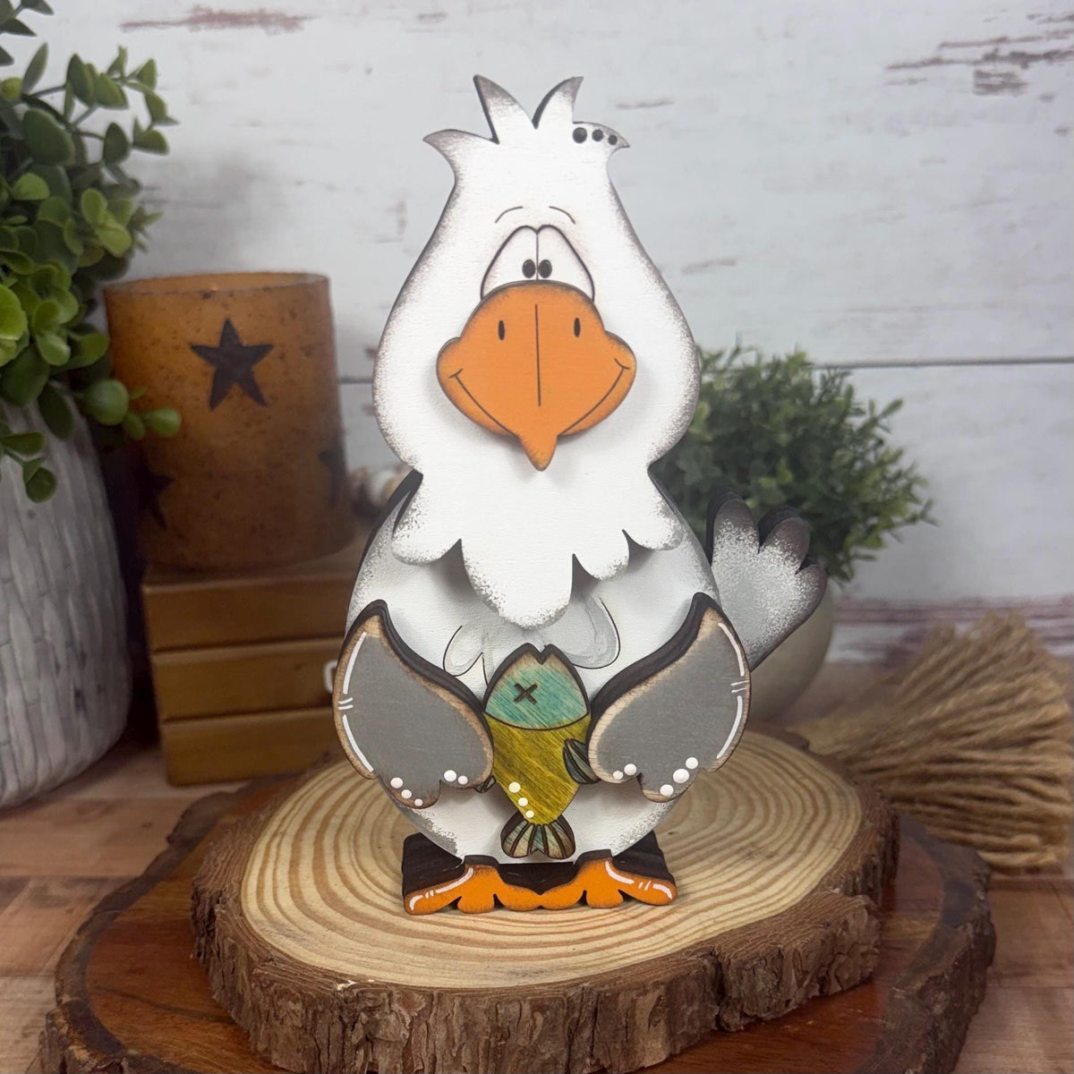 Interchangeable Seagull Shelf Sitter With Fish or Crab, Coastal Beach House Decor