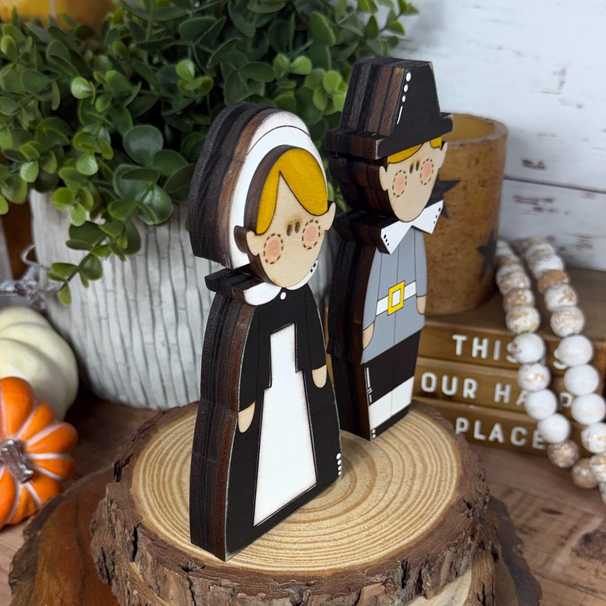 Rustic Thanksgiving Decor, Pilgrim Shelf Sitters, Turkey and Pumpkin