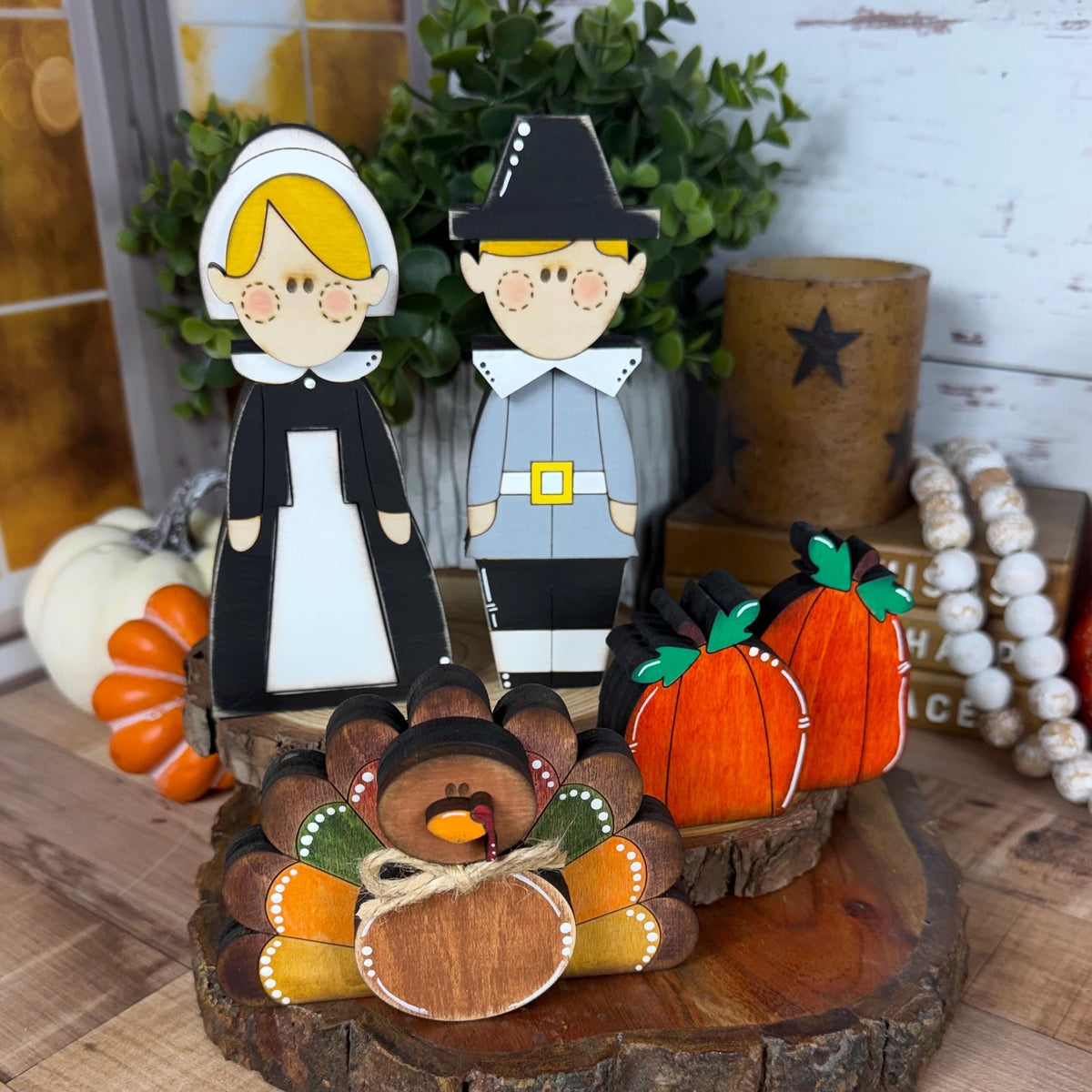 Rustic Thanksgiving Decor, Pilgrim Shelf Sitters, Turkey and Pumpkin