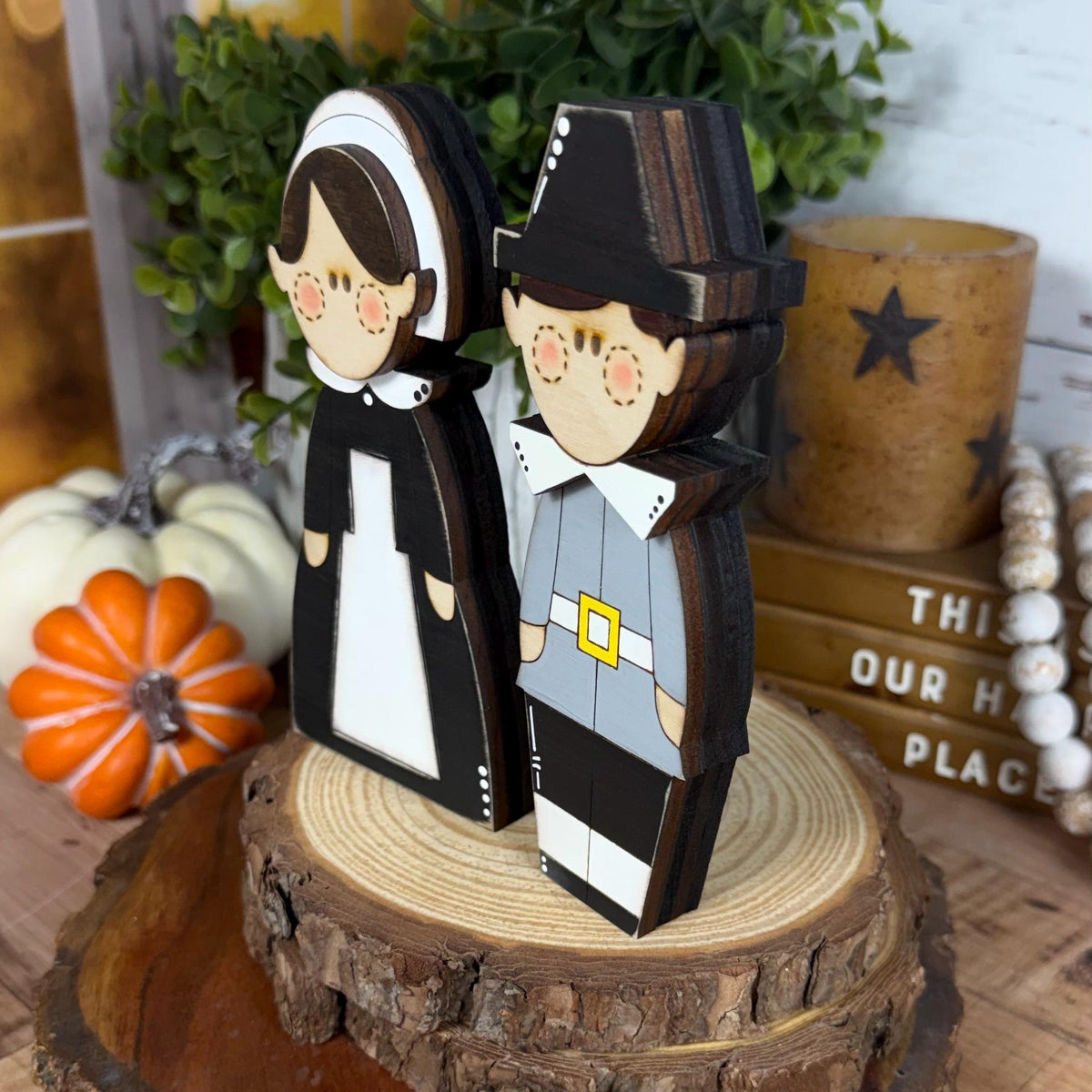 Rustic Thanksgiving Decor, Pilgrim Shelf Sitters, Turkey and Pumpkin