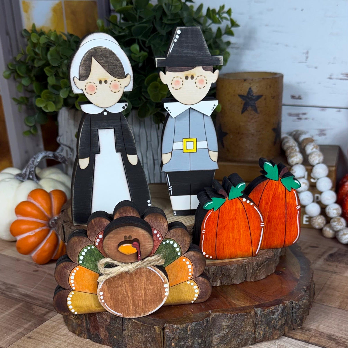 Rustic Thanksgiving Decor, Pilgrim Shelf Sitters, Turkey and Pumpkin