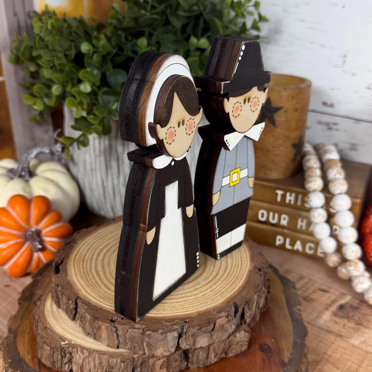 Rustic Thanksgiving Decor, Pilgrim Shelf Sitters, Turkey and Pumpkin