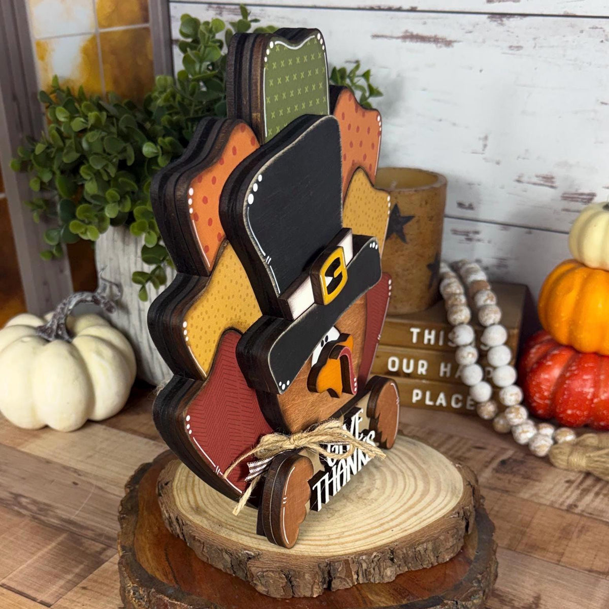 Handmade Wooden Thanksgiving Turkey With Give Thanks Sign