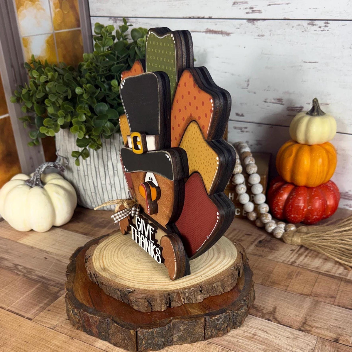 Handmade Wooden Thanksgiving Turkey With Give Thanks Sign