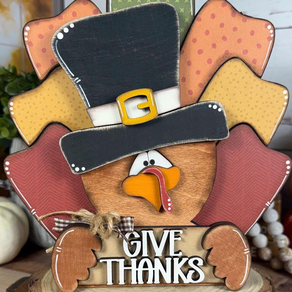 Handmade Wooden Thanksgiving Turkey With Give Thanks Sign