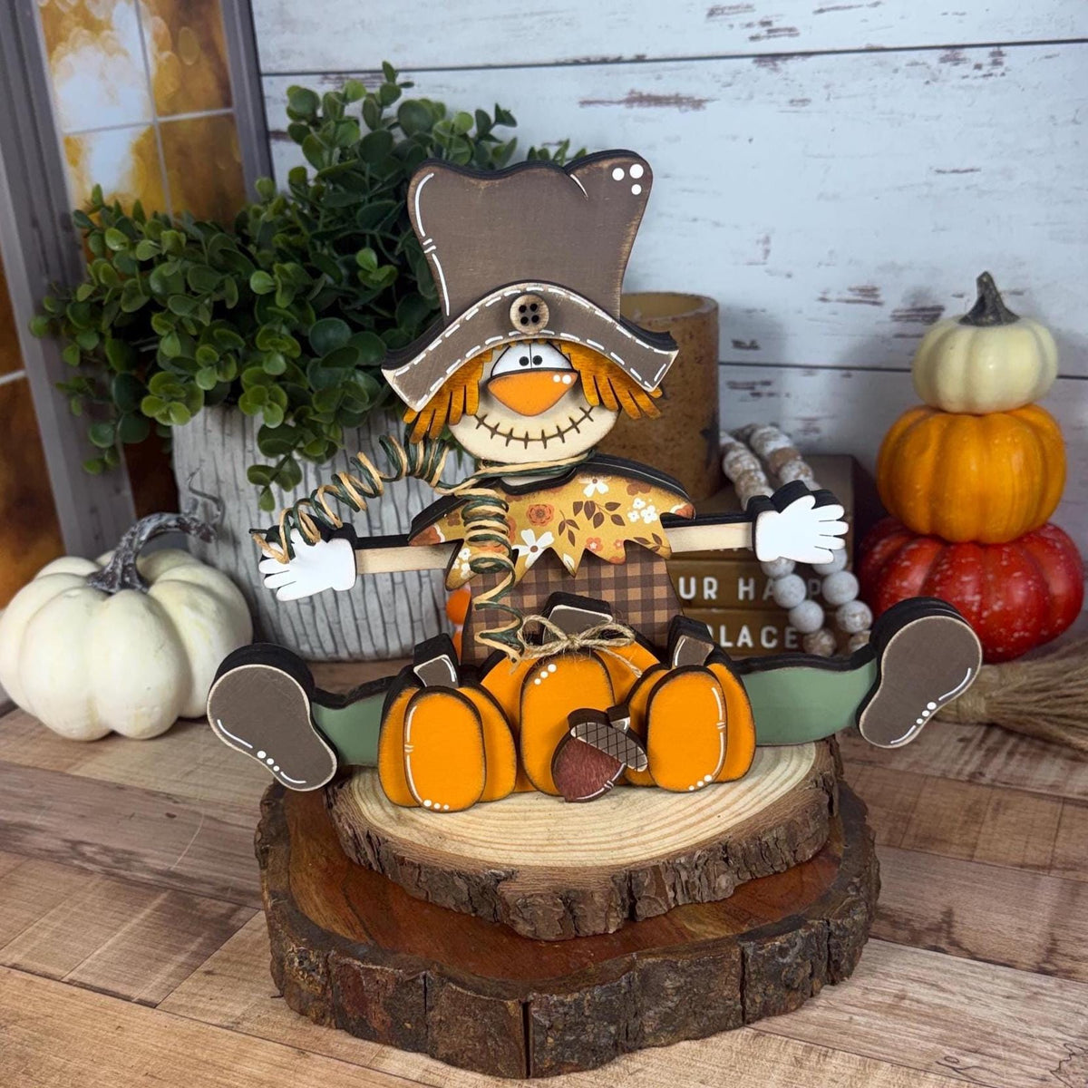 Wooden Scarecrow Shelf Sitter with Pumpkins and Acorn – Rustic Fall Decor