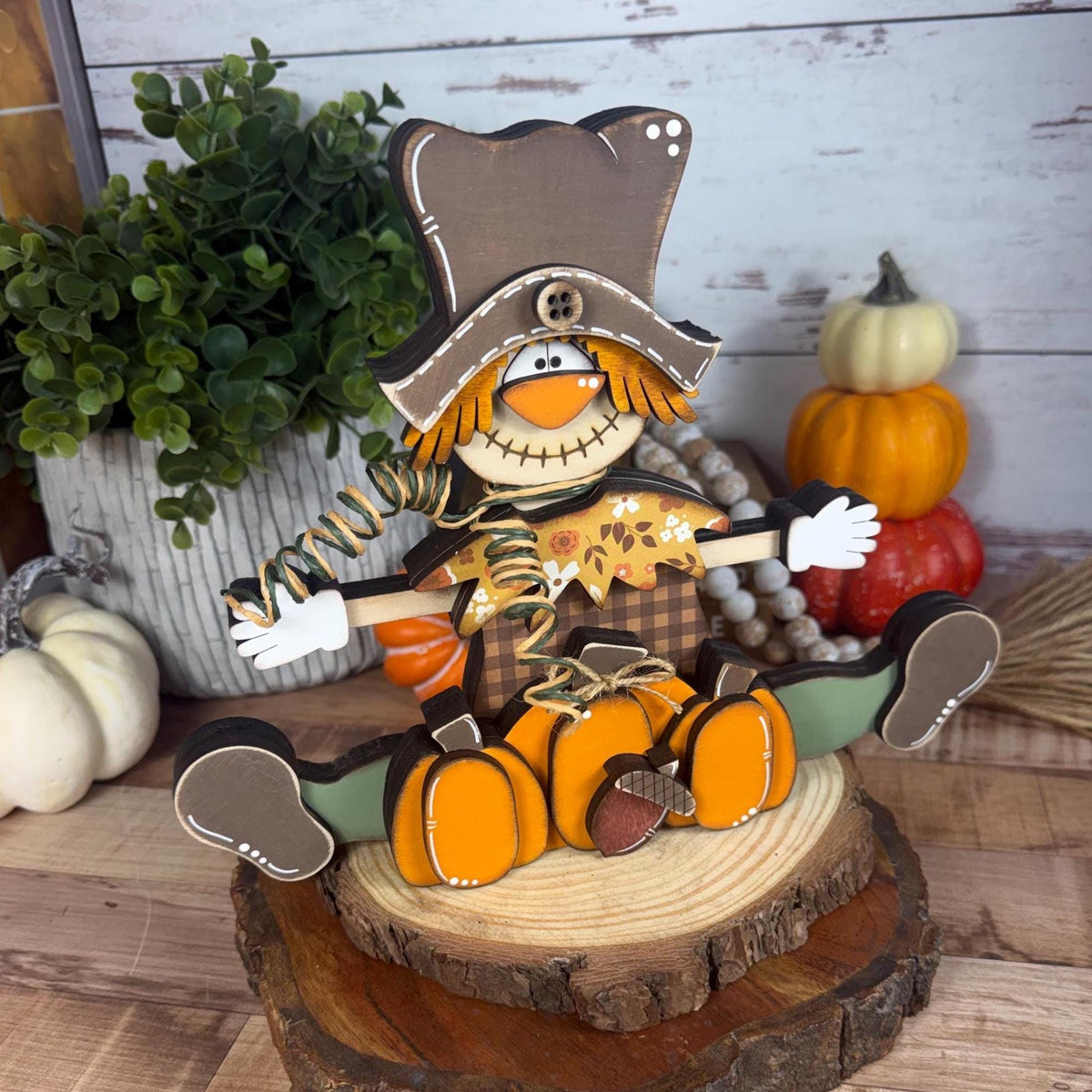 Wooden Scarecrow Shelf Sitter with Pumpkins and Acorn – Rustic Fall Decor
