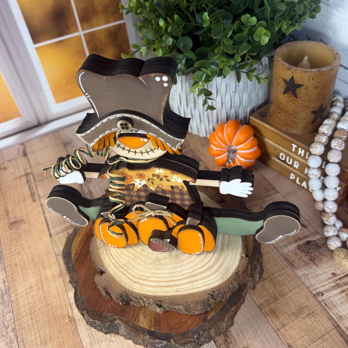 Wooden Scarecrow Shelf Sitter with Pumpkins and Acorn – Rustic Fall Decor