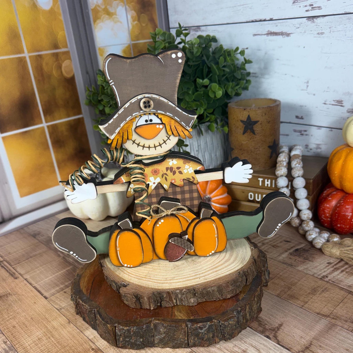 Wooden Scarecrow Shelf Sitter with Pumpkins and Acorn – Rustic Fall Decor