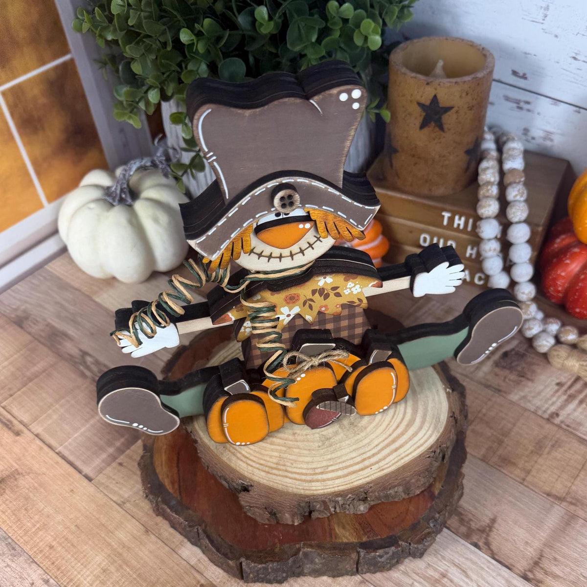 Wooden Scarecrow Shelf Sitter with Pumpkins and Acorn – Rustic Fall Decor