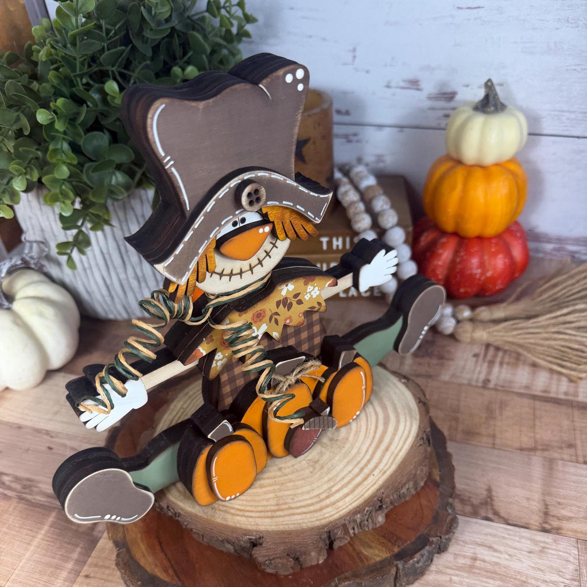 Wooden Scarecrow Shelf Sitter with Pumpkins and Acorn – Rustic Fall Decor