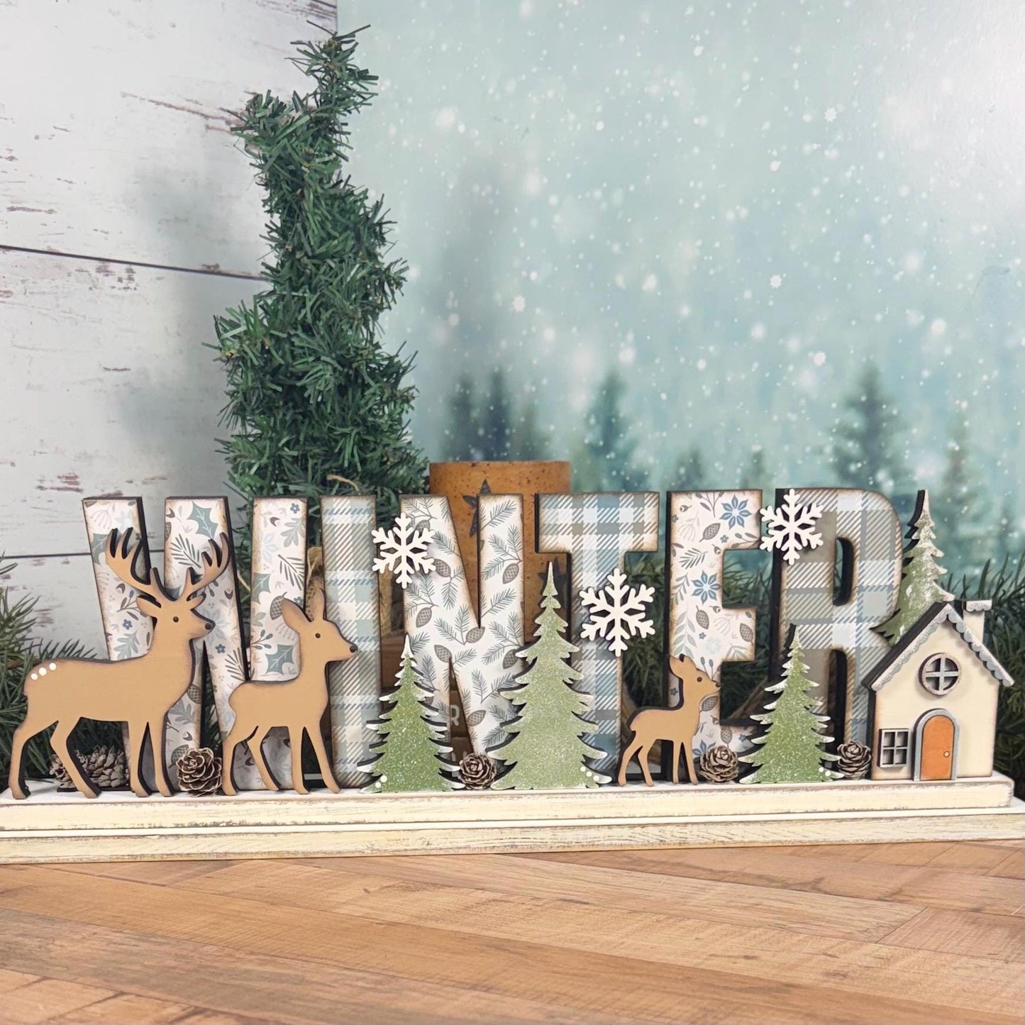 Winter Woodland Decor with Deer & Pine Trees | Rustic Cabin Cottage Mantel Decor