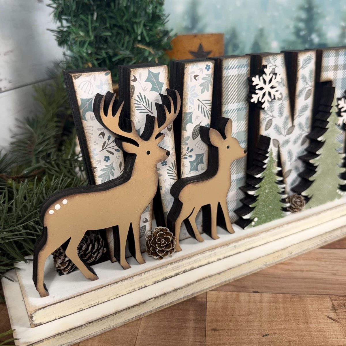 Winter Woodland Decor with Deer & Pine Trees | Rustic Cabin Cottage Mantel Decor