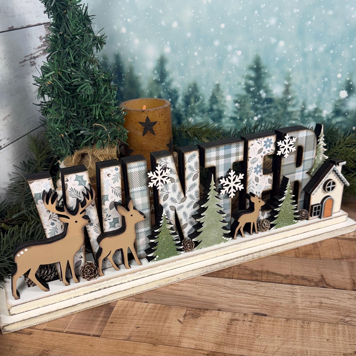 Winter Woodland Decor with Deer & Pine Trees | Rustic Cabin Cottage Mantel Decor