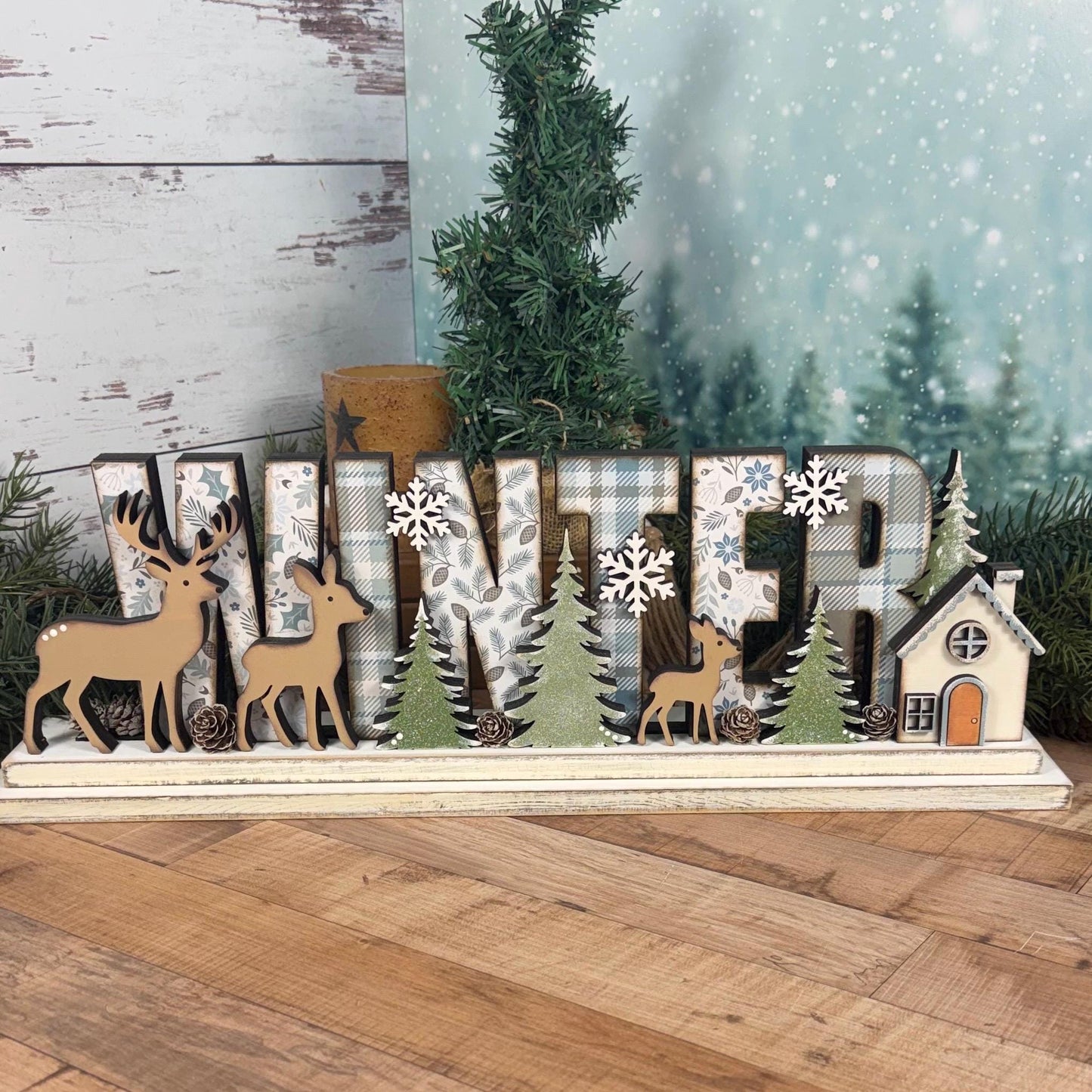 Winter Woodland Decor with Deer & Pine Trees | Rustic Cabin Cottage Mantel Decor