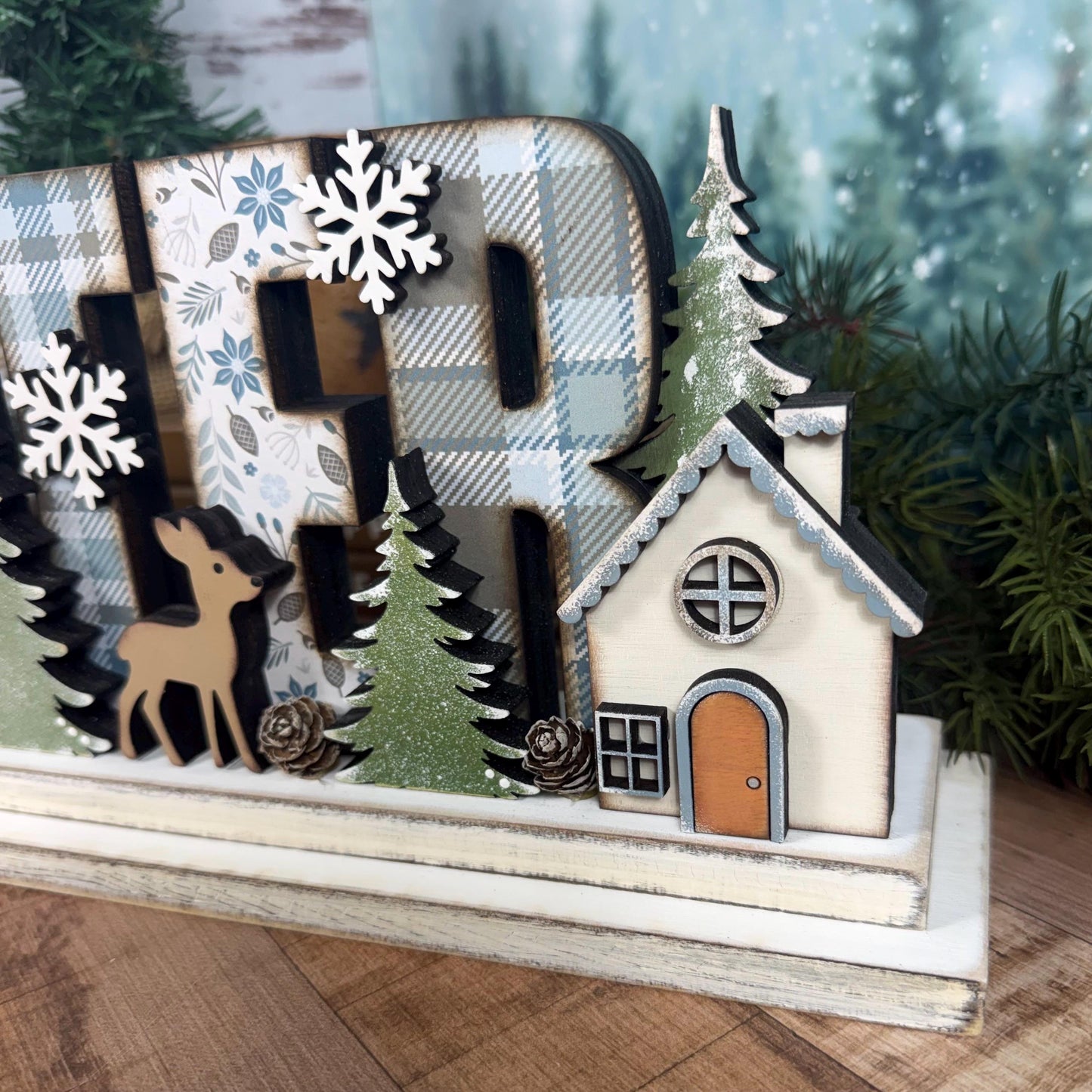 Winter Woodland Decor with Deer & Pine Trees | Rustic Cabin Cottage Mantel Decor