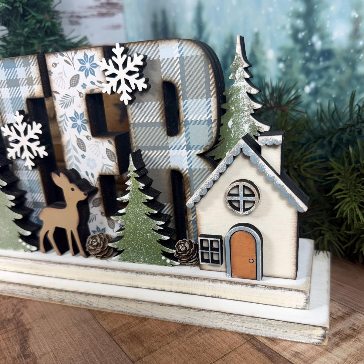 Winter Woodland Decor with Deer & Pine Trees | Rustic Cabin Cottage Mantel Decor