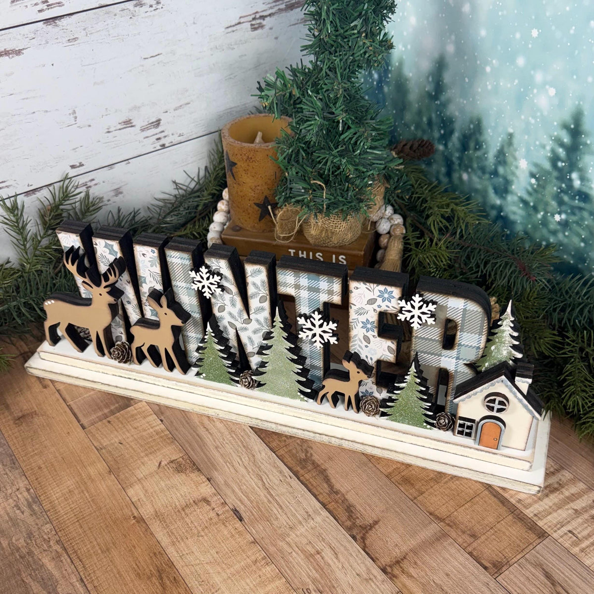 Winter Woodland Decor with Deer & Pine Trees | Rustic Cabin Cottage Mantel Decor