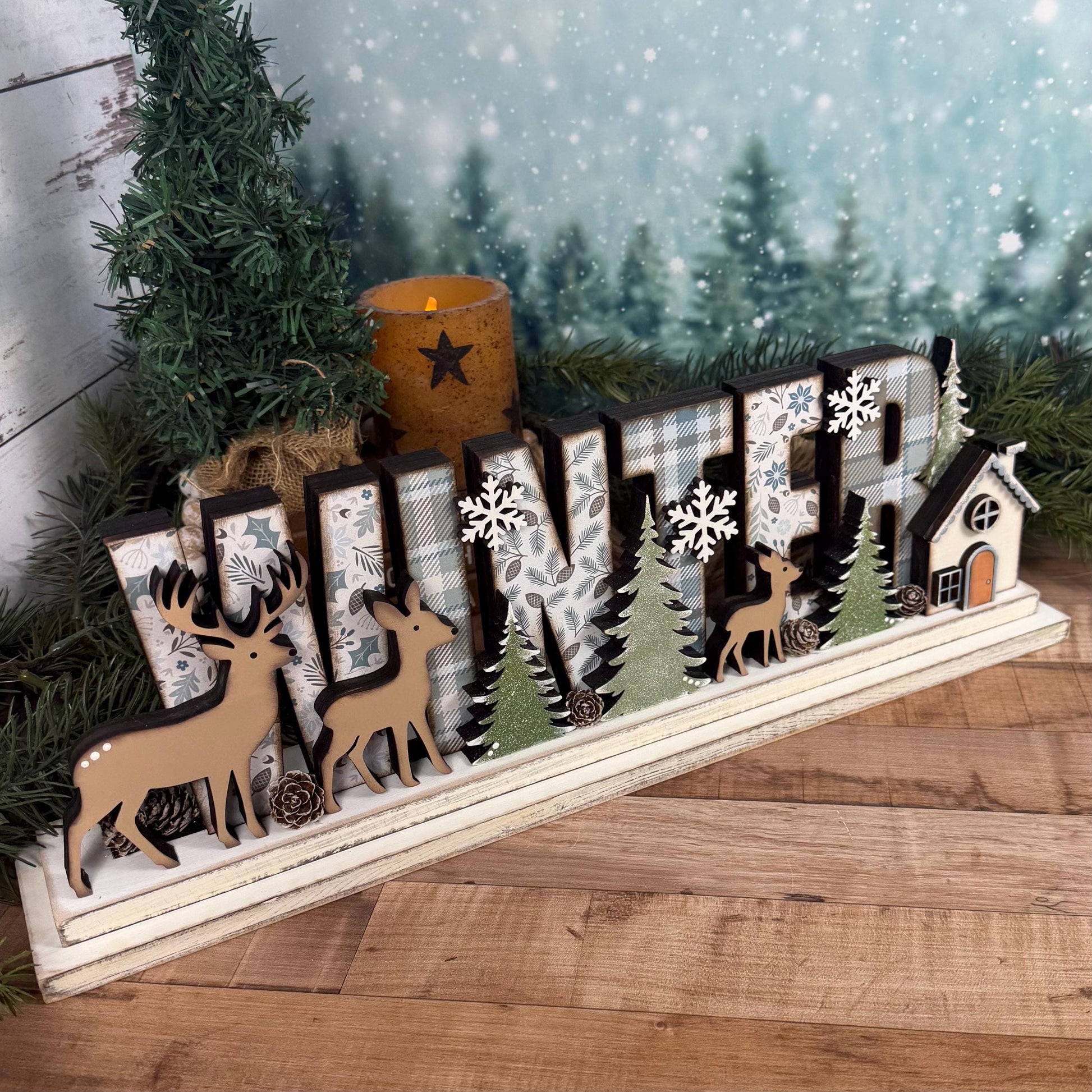 Winter Woodland Decor with Deer & Pine Trees | Rustic Cabin Cottage Mantel Decor