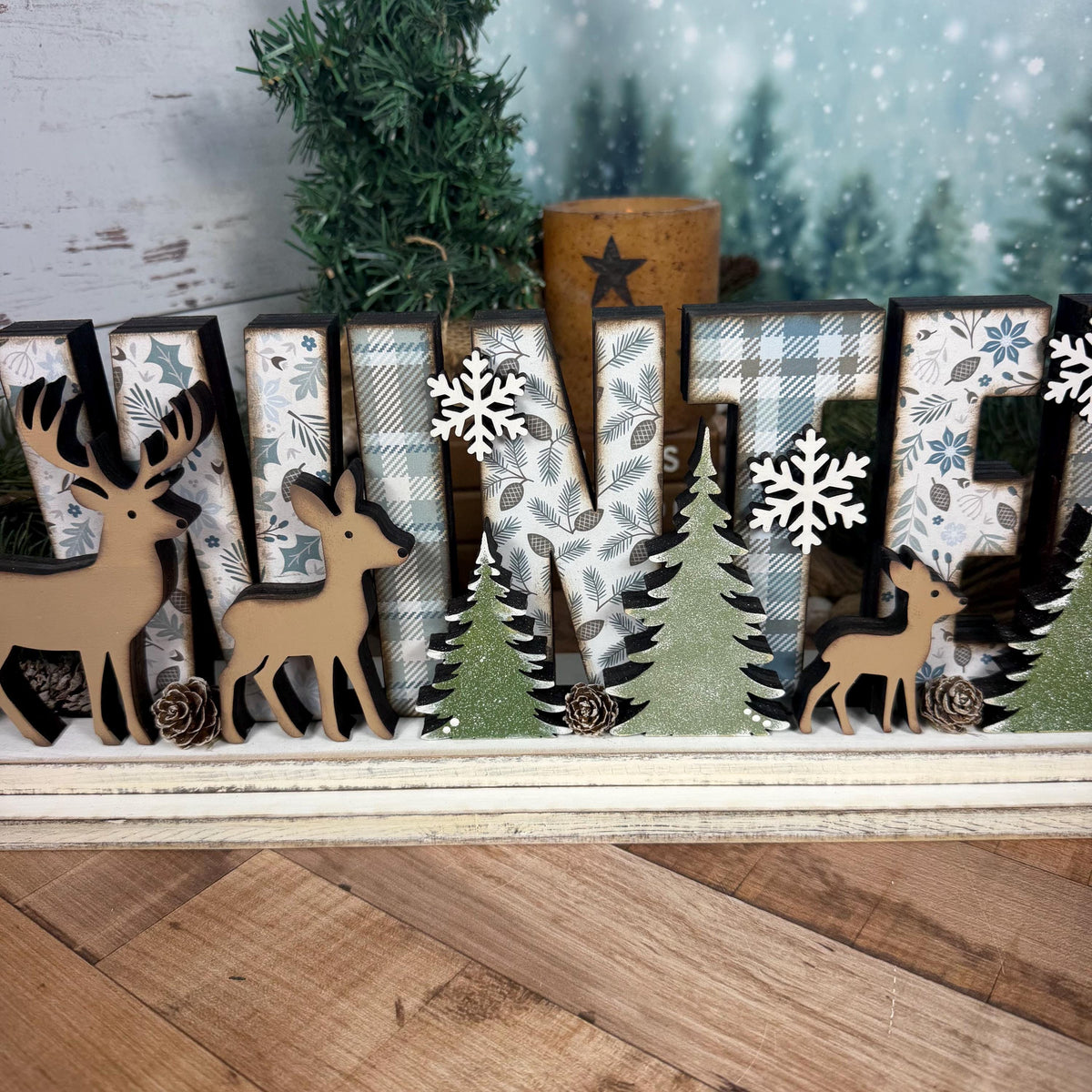 Winter Woodland Decor with Deer & Pine Trees | Rustic Cabin Cottage Mantel Decor
