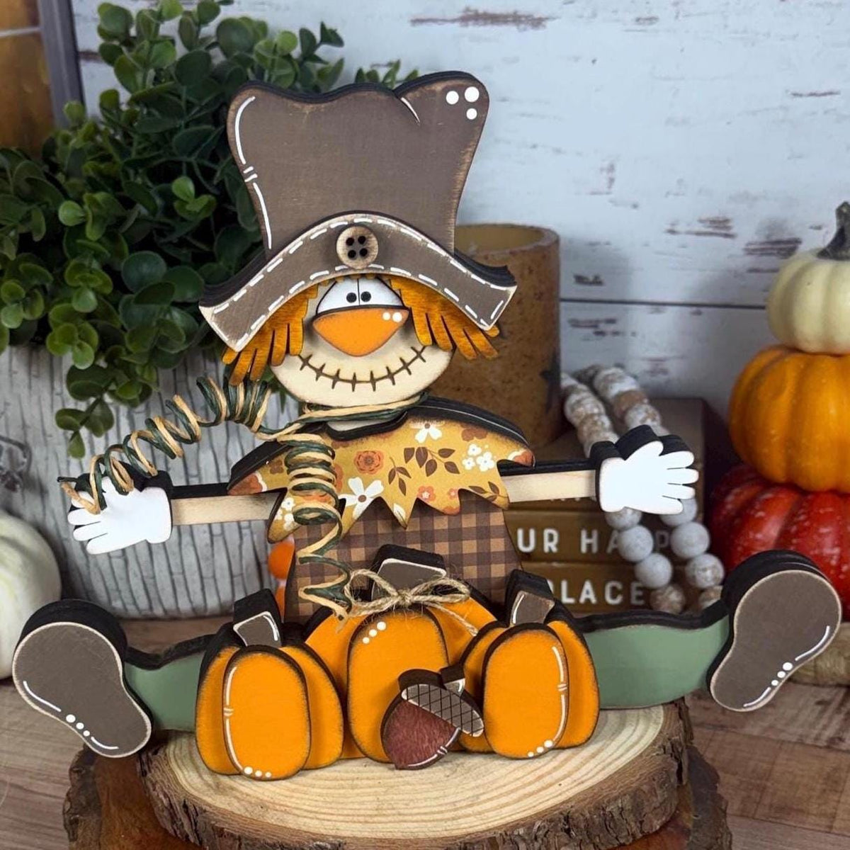 Wooden Scarecrow Shelf Sitter with Pumpkins and Acorn – Rustic Fall Decor
