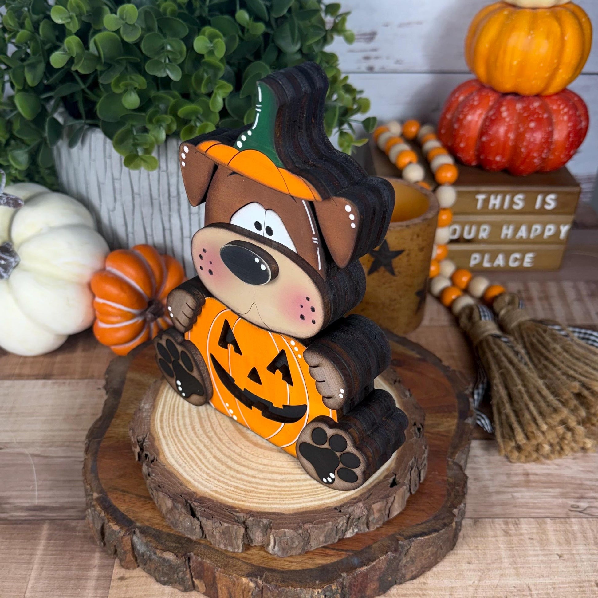 Halloween Dog Shelf Sitter in Pumpkin Costume, Dog Lover Gift