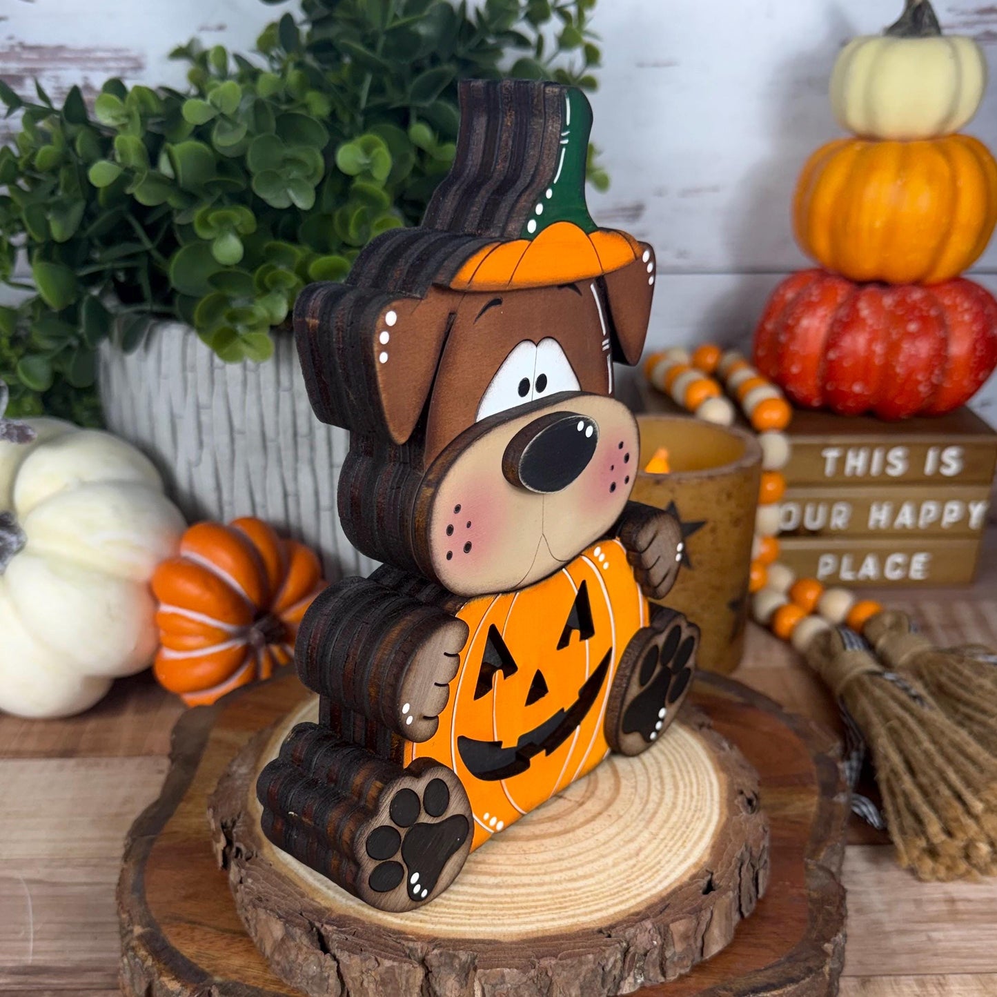 Halloween Dog Shelf Sitter in Pumpkin Costume, Dog Lover Gift
