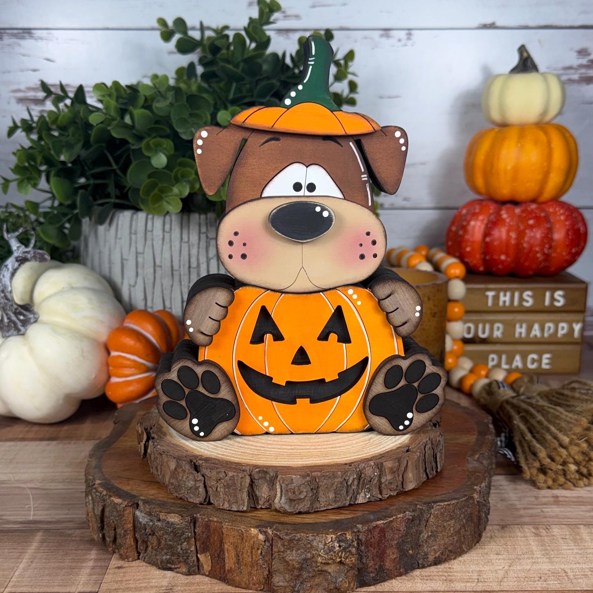Halloween Dog Shelf Sitter in Pumpkin Costume, Dog Lover Gift