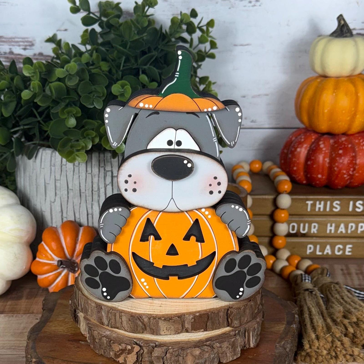 Halloween Dog Shelf Sitter in Pumpkin Costume, Dog Lover Gift
