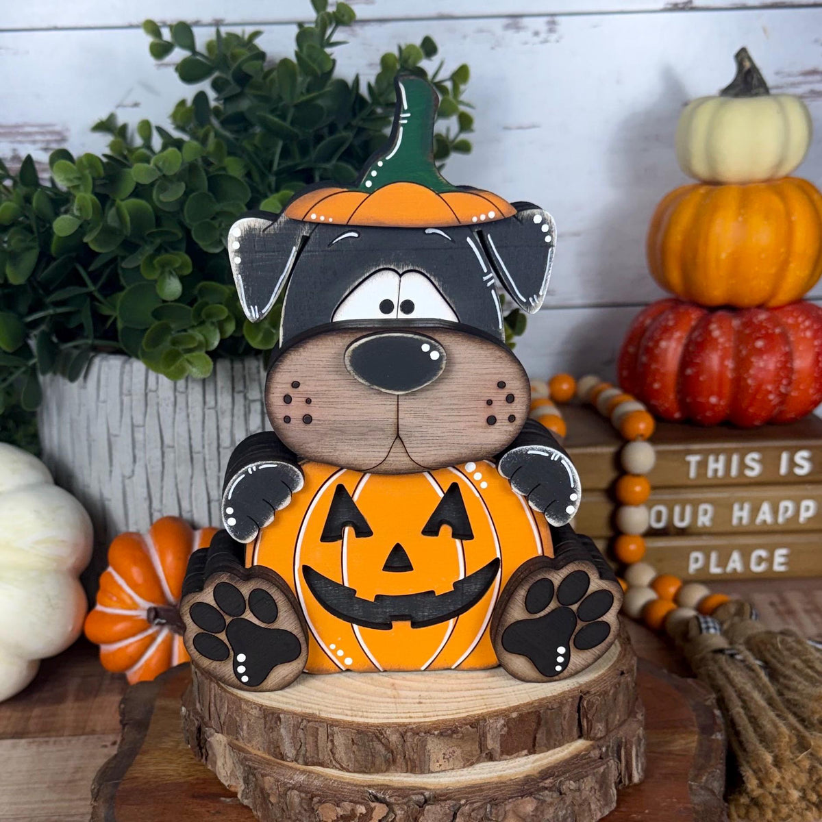 Halloween Dog Shelf Sitter in Pumpkin Costume, Dog Lover Gift