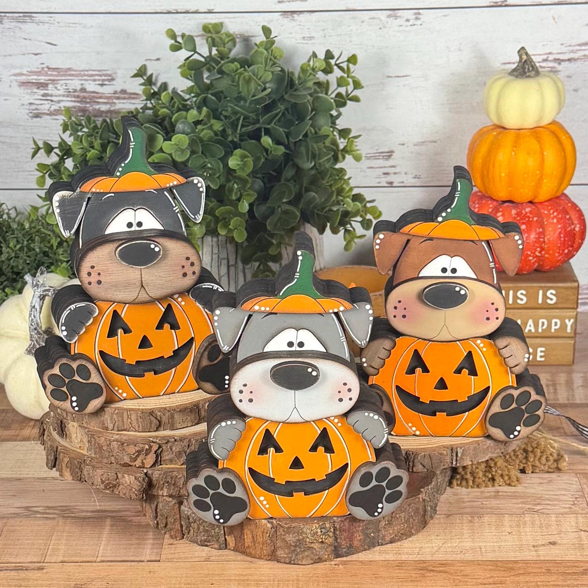 Halloween Dog Shelf Sitter in Pumpkin Costume, Dog Lover Gift