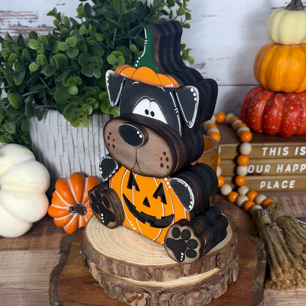 Halloween Dog Shelf Sitter in Pumpkin Costume, Dog Lover Gift