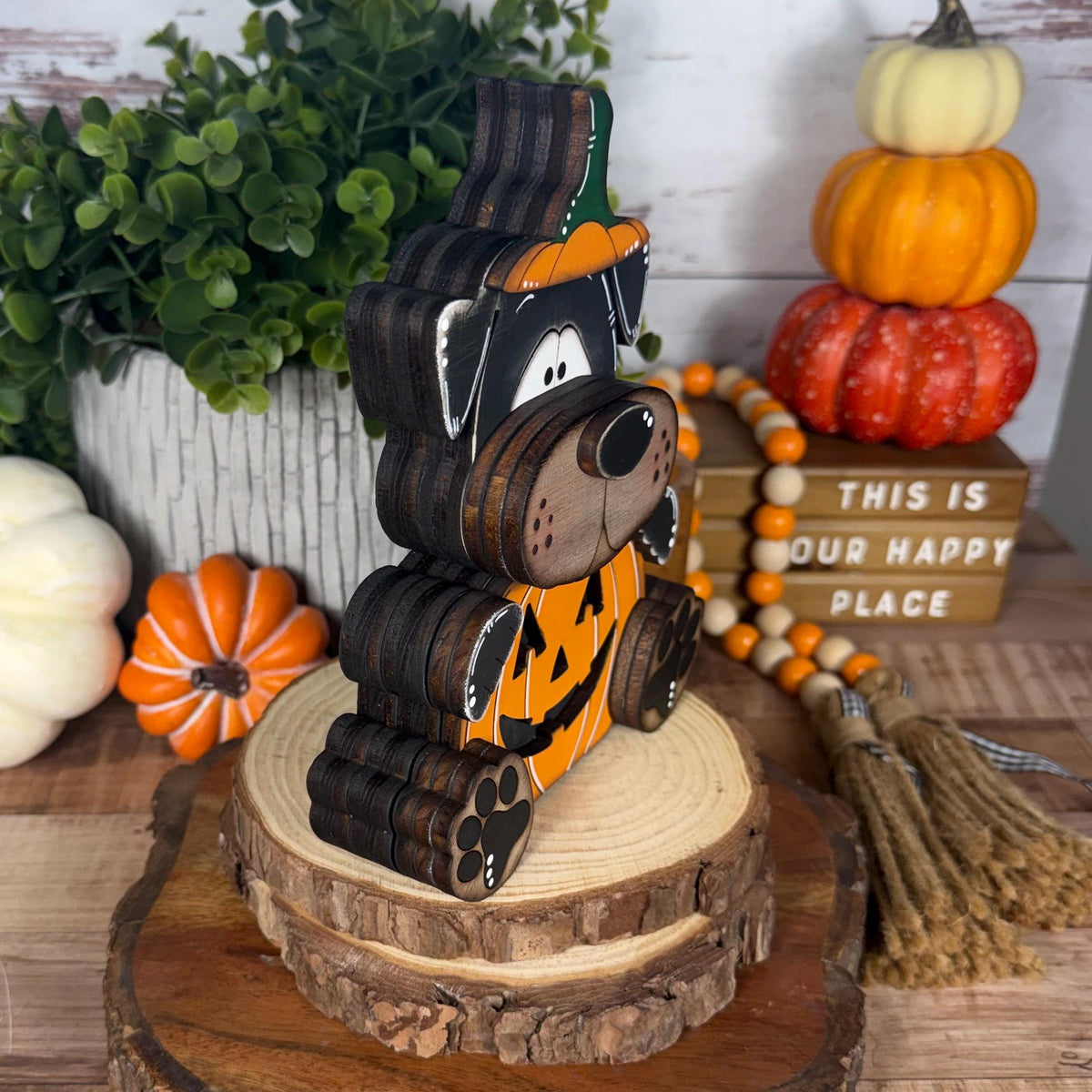 Halloween Dog Shelf Sitter in Pumpkin Costume, Dog Lover Gift