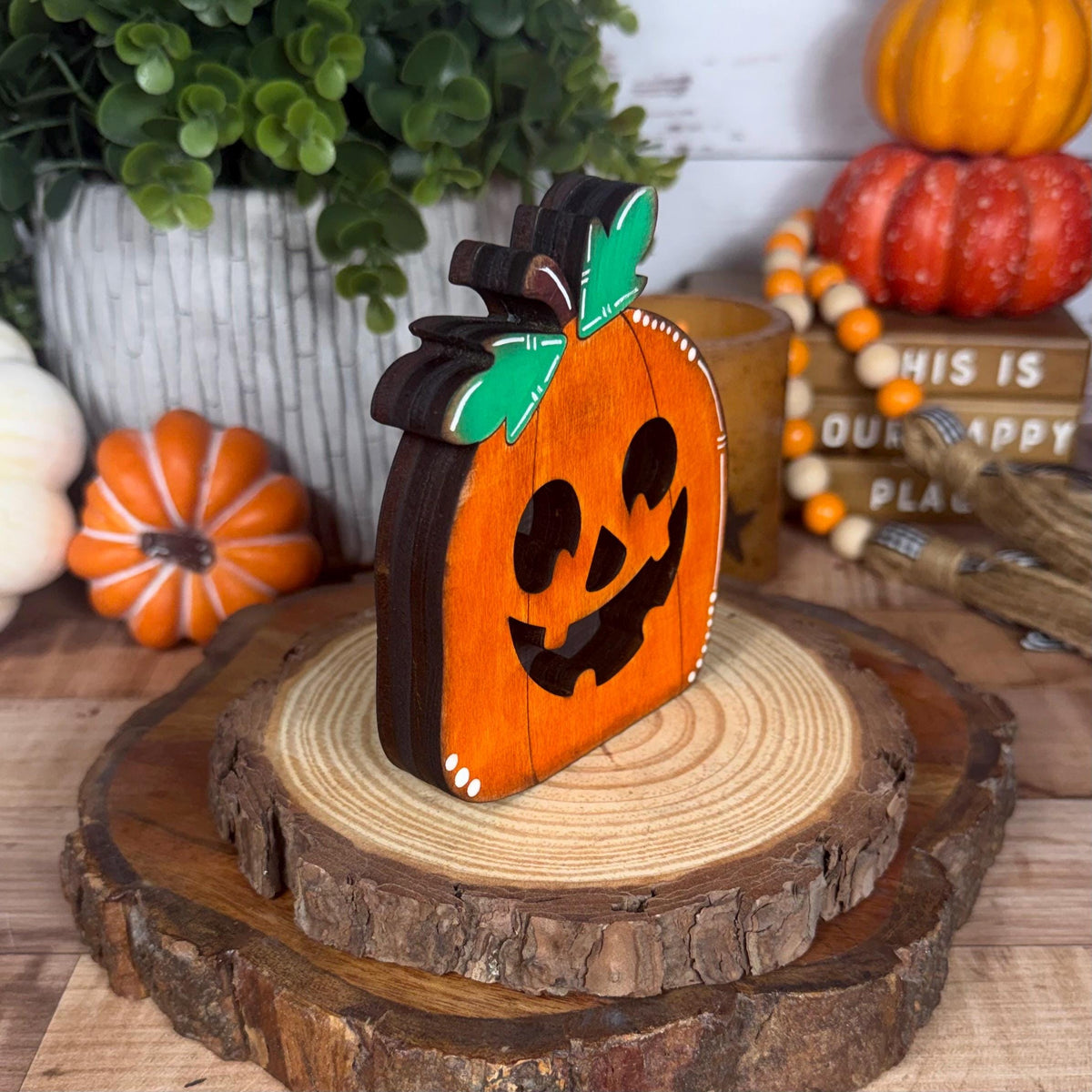 Jack-o’-Lantern Shelf Sitters, Wooden Halloween Pumpkin Decor