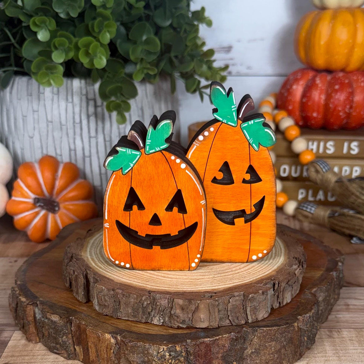 Jack-o’-Lantern Shelf Sitters, Wooden Halloween Pumpkin Decor